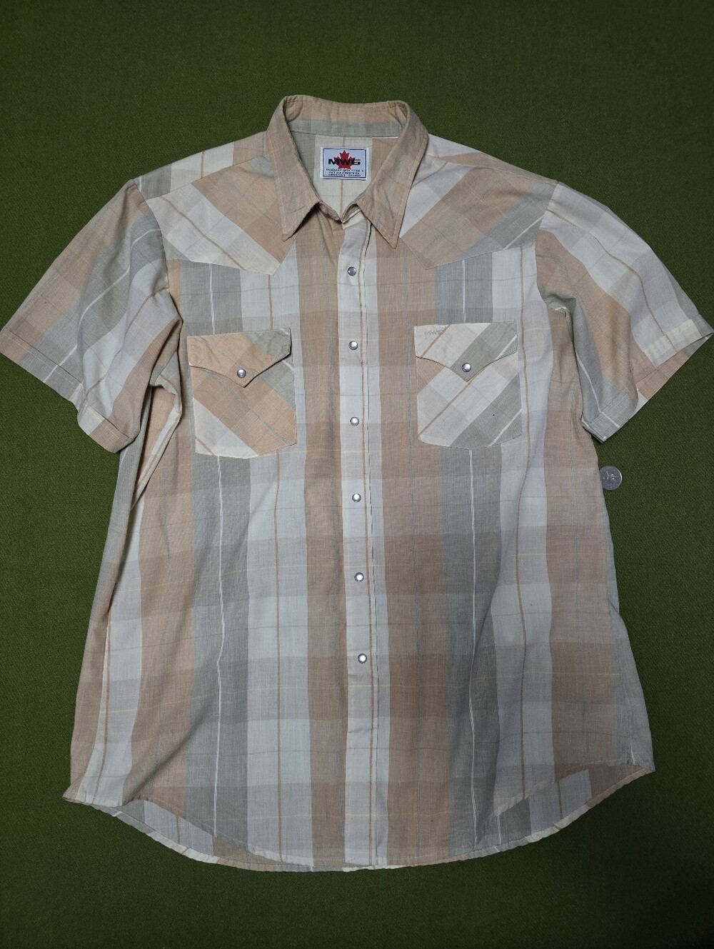 Vintage Western Plaid Short Sleeve Shirt - Beige/Tan